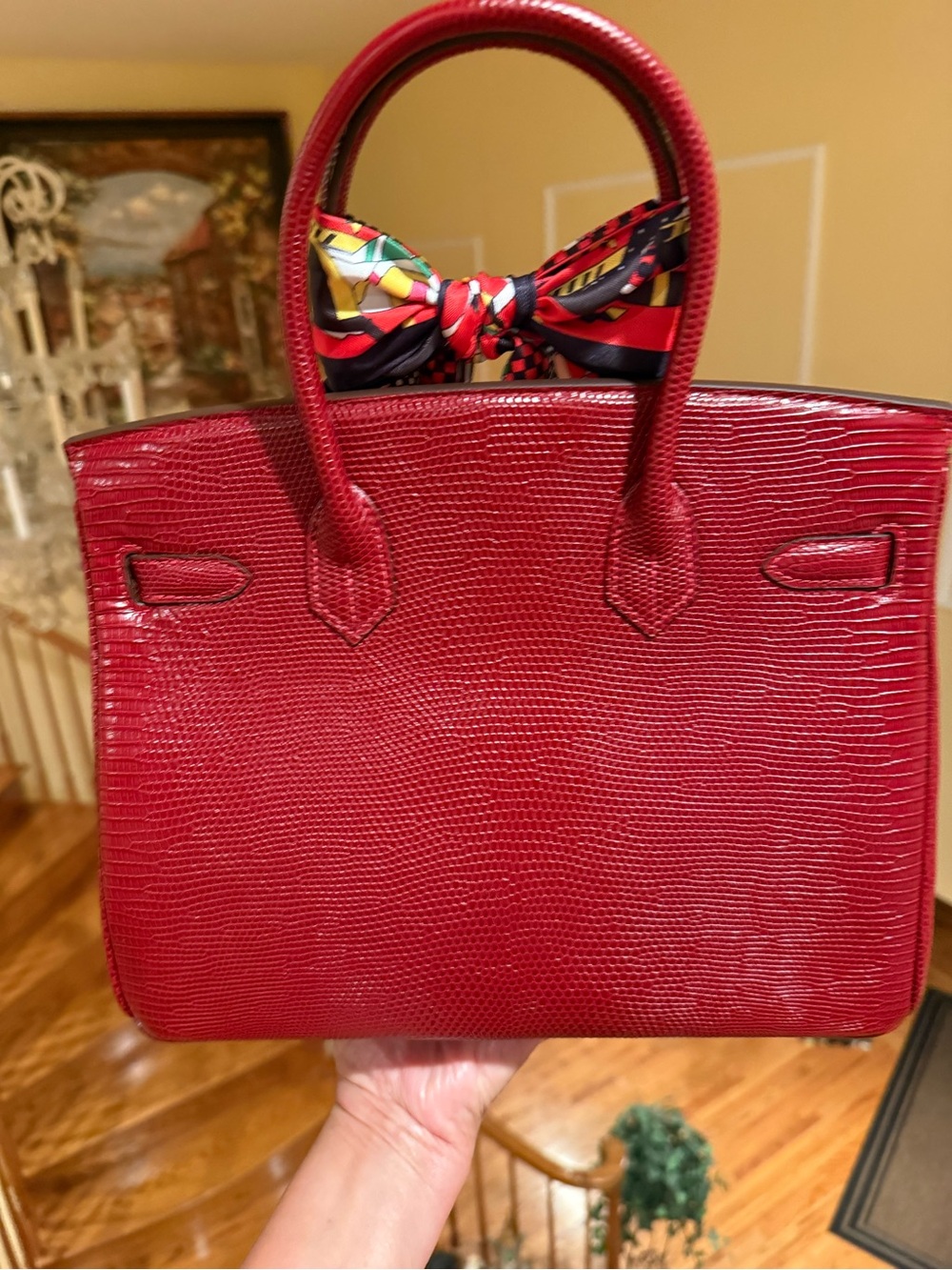 Elegant Embossed Lizard Rouge H Top-Handle Bag with Scarf Accent with ghw 30CM - Picture 3 of 9